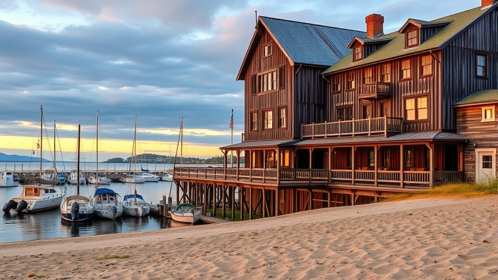Coastal waterfront hotel exterior with weathered wood architecture overlooking calm harbor water at sunrise, boats docked nearby, sandy beach in foreground, realistic photo