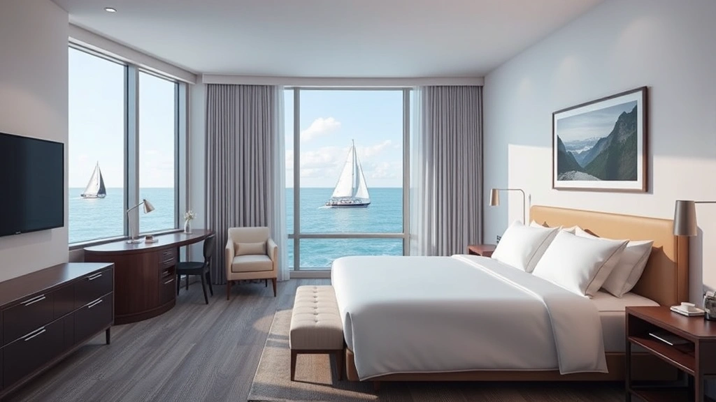 Modern hotel room interior with queen bed, ocean view window showing sailboats, contemporary furnishings, soft natural lighting, clean minimalist design, photorealistic