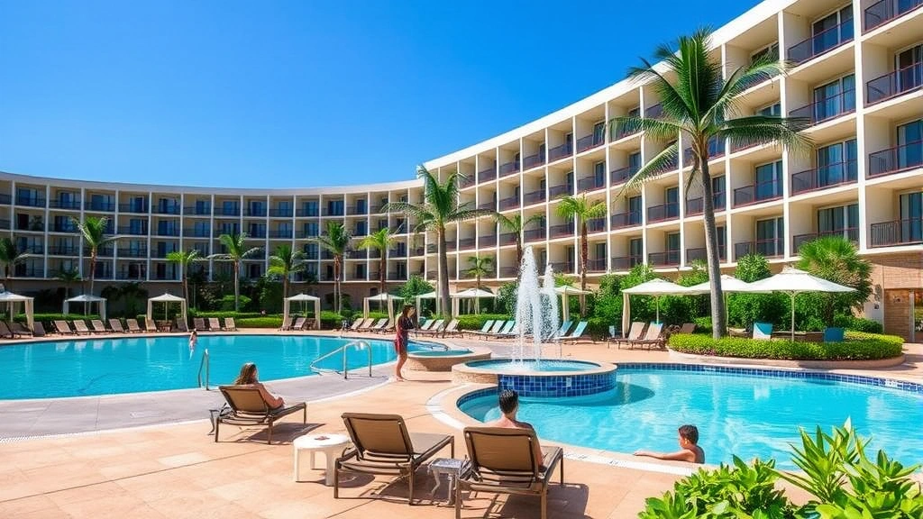 Hotel pool deck area with lounge chairs, umbrella shade, tropical landscaping, calm water feature, blue sky, families enjoying recreational space, daytime realistic photo