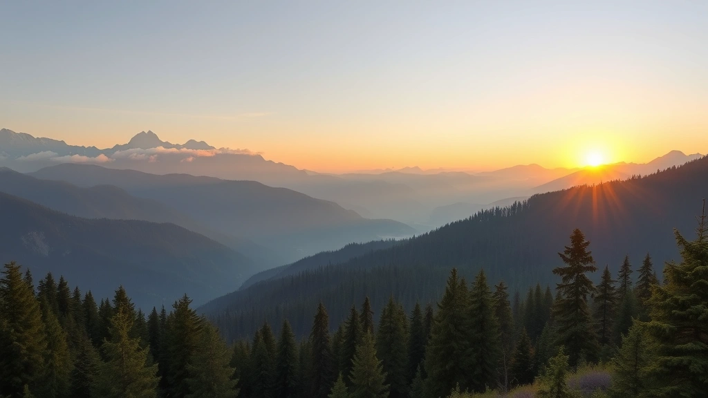 Panoramic mountain valley landscape at sunrise with misty peaks and evergreen forests, photorealistic natural scenery, no people or text visible