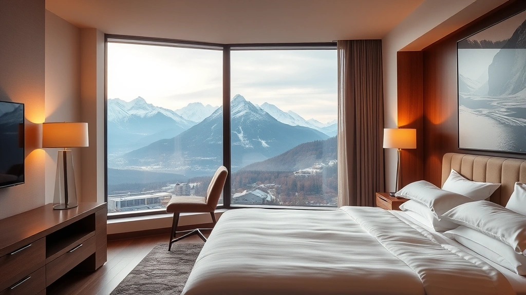 Cozy modern hotel bedroom with mountain view through large window, warm lighting, comfortable bedding, mountain landscape visible outside, interior design focus