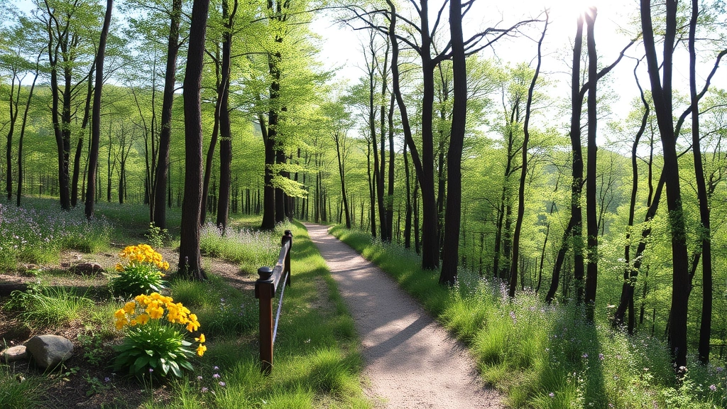 Scenic hiking trail through Appalachian forest with wildflowers, dappled sunlight through trees, natural outdoor recreation setting, no people or trail markers visible