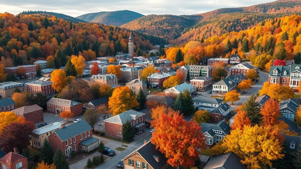 Aerial view of charming small town nestled in forested rolling hills with autumn foliage, historic downtown buildings with brick architecture and tree-lined streets, peaceful residential neighborhood with craftsman-style homes