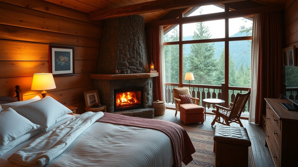Cozy hotel room interior with comfortable bed, warm lighting, fireplace with flickering flames, rustic wooden furniture, large window overlooking forest landscape, welcoming hospitality setting