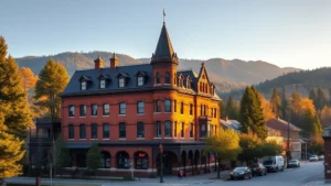 Historic Victorian-era hotel building with red brick facade and Gothic Revival architecture nestled in Sierra Nevada foothills, surrounded by pine trees and mountain landscape, golden afternoon light, residential street view