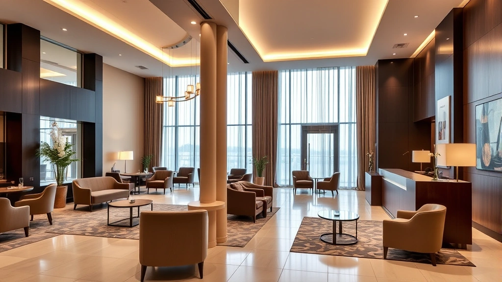 Modern hotel lobby with contemporary furnishings, warm lighting, comfortable seating areas, and professional reception desk in a residential-style setting
