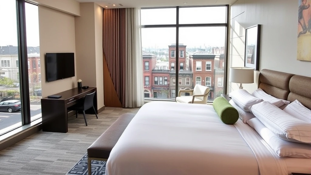 Spacious hotel room featuring king bed with premium linens, modern workspace desk, floor-to-ceiling windows showing residential neighborhood views, and elegant bathroom entrance