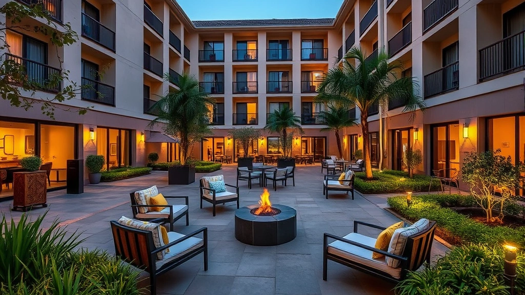 Hotel outdoor courtyard with relaxation area, lounge seating, landscaped gardens, and ambient evening lighting creating inviting atmosphere for guests