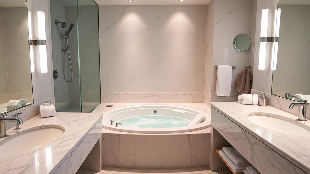 Luxurious modern hotel bathroom with large whirlpool tub surrounded by marble countertops, soft ambient lighting, and fluffy white towels, contemporary spa-like setting