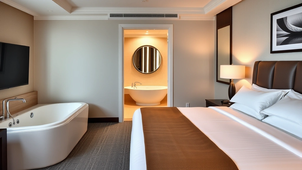 Upscale hotel bedroom suite featuring a king bed with premium bedding, view of an elegant jacuzzi tub visible through open bathroom doorway, modern minimalist design