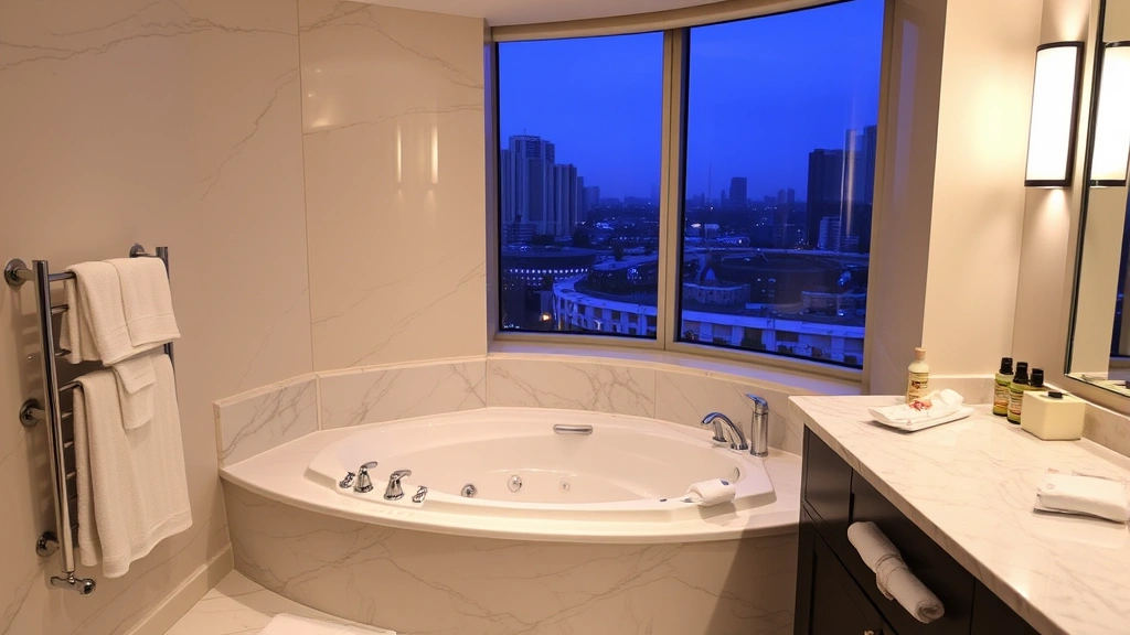 Spacious hotel bathroom with large corner jacuzzi tub positioned near a window, ambient lighting, heated towel rack, premium amenities on marble counter, relaxation-focused design
