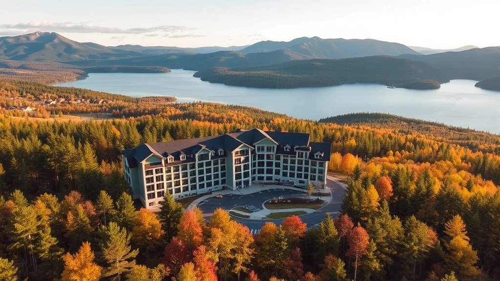 Aerial view of a modern hotel property nestled among Adirondack mountains with Fourth Lake visible in background, surrounded by evergreen forest and autumn foliage, professional architectural photography style