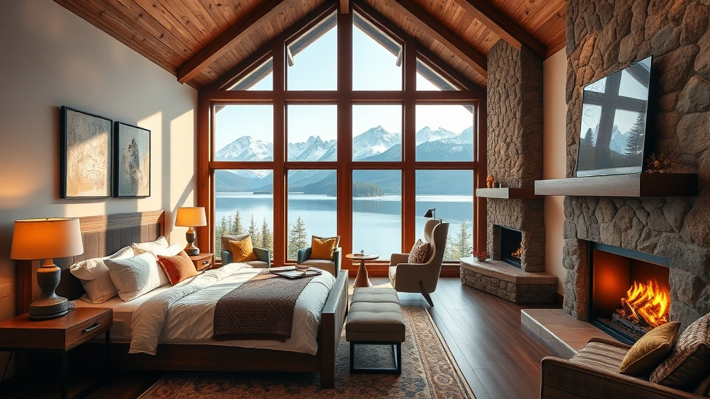 Interior of a luxury hotel bedroom with king bed, stone fireplace, large windows overlooking a pristine mountain lake, warm lighting, contemporary rustic décor with natural wood elements and cozy furnishings