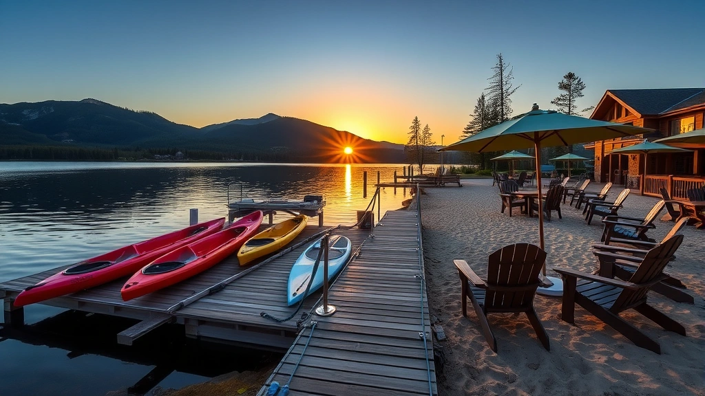 Outdoor resort amenities showing lakefront dock with kayaks and paddleboards, sandy beach area, Adirondack chairs, umbrellas, and mountain backdrop during golden hour sunset, inviting recreational setting
