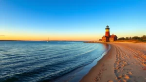 Serene Lake Ontario waterfront with calm blue water, sandy beach, and historic lighthouse in background during golden hour sunset, peaceful and inviting