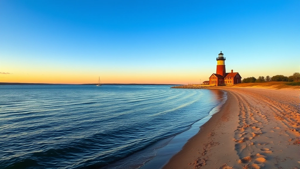 Serene Lake Ontario waterfront with calm blue water, sandy beach, and historic lighthouse in background during golden hour sunset, peaceful and inviting