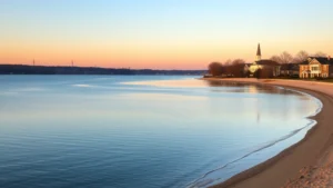 Serene Lake Ontario waterfront at sunset with calm blue water, sandy shoreline, and residential buildings in soft golden hour lighting, peaceful evening atmosphere