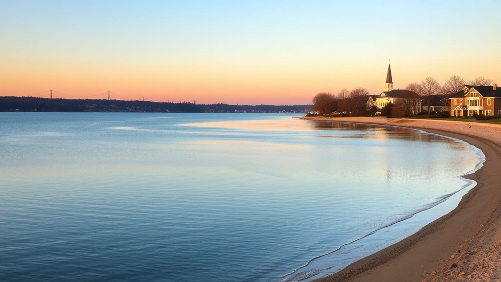 Serene Lake Ontario waterfront at sunset with calm blue water, sandy shoreline, and residential buildings in soft golden hour lighting, peaceful evening atmosphere