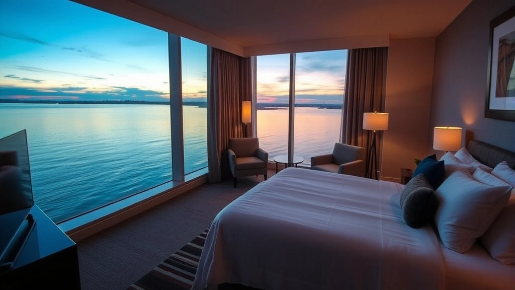 Modern hotel room overlooking calm Lake Ontario waters at sunset, featuring contemporary furnishings, large window with panoramic water views, comfortable bed with quality linens, warm ambient lighting reflecting on the lake surface