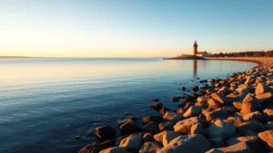Serene Lake Ontario waterfront at sunrise with calm blue water, rocky shoreline, and historic lighthouse in the distance, golden morning light reflecting off the lake surface