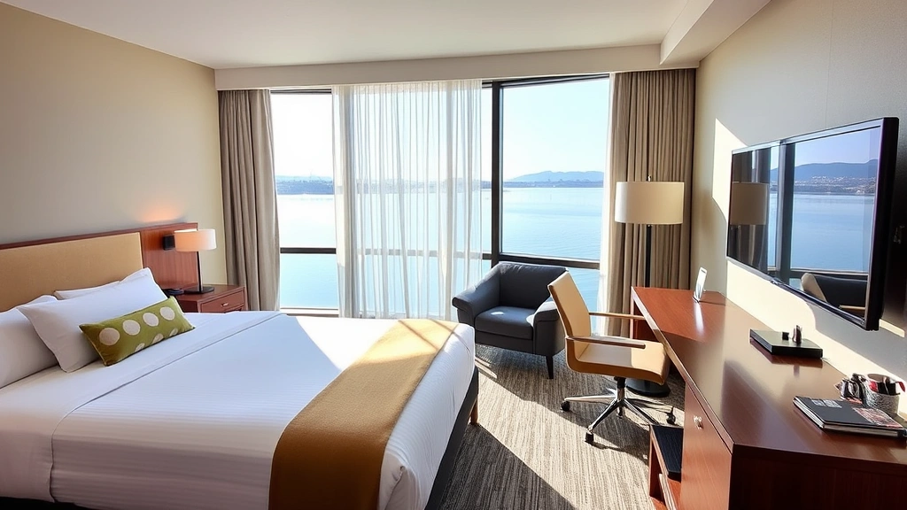 Modern hotel room interior with comfortable bed, work desk, large window overlooking lake, contemporary furnishings, bright natural lighting from windows
