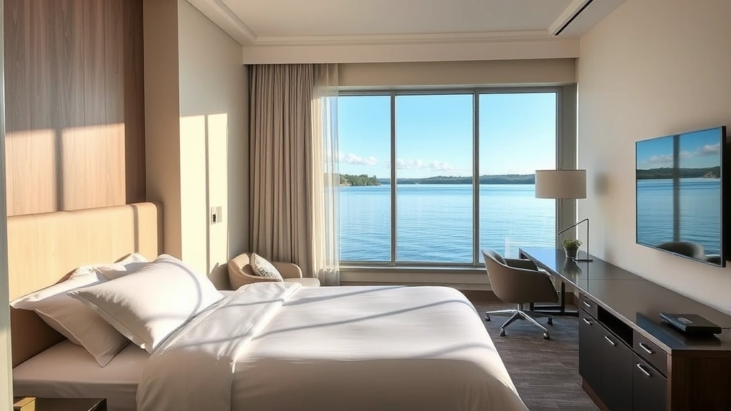 Modern hotel room interior with lake view window showing blue water, comfortable bed with white linens, contemporary furnishings, and natural daylight streaming in