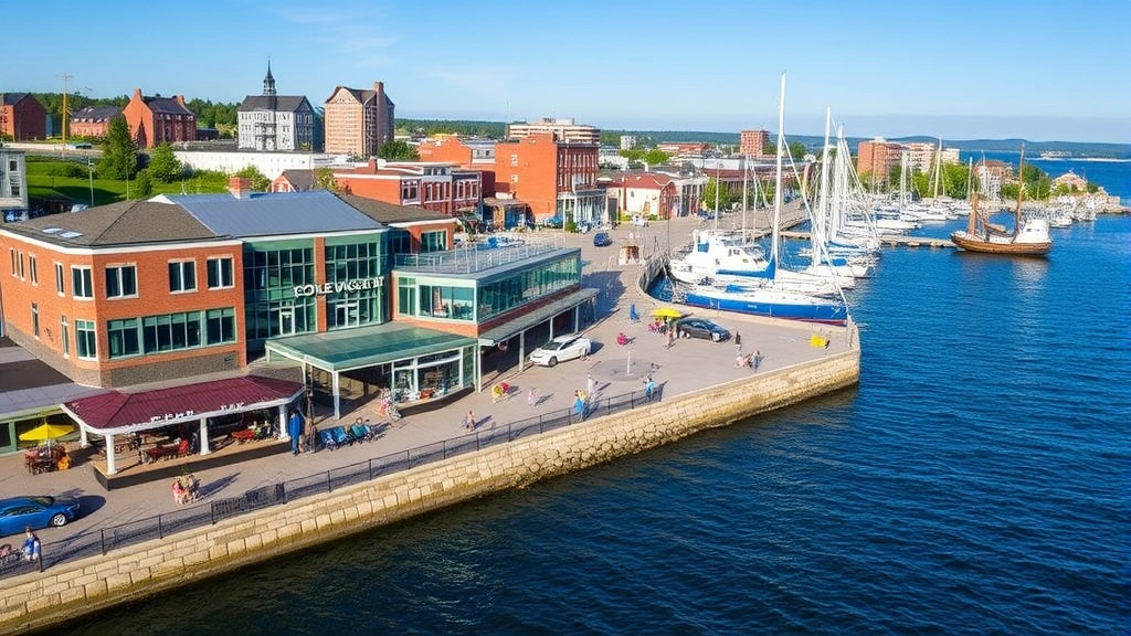 Oswego waterfront district showing historic harbor area with sailboats, waterfront promenade, modern hotel building with outdoor seating areas, people enjoying lakeside ambiance, blue water under clear sky, downtown architecture in background