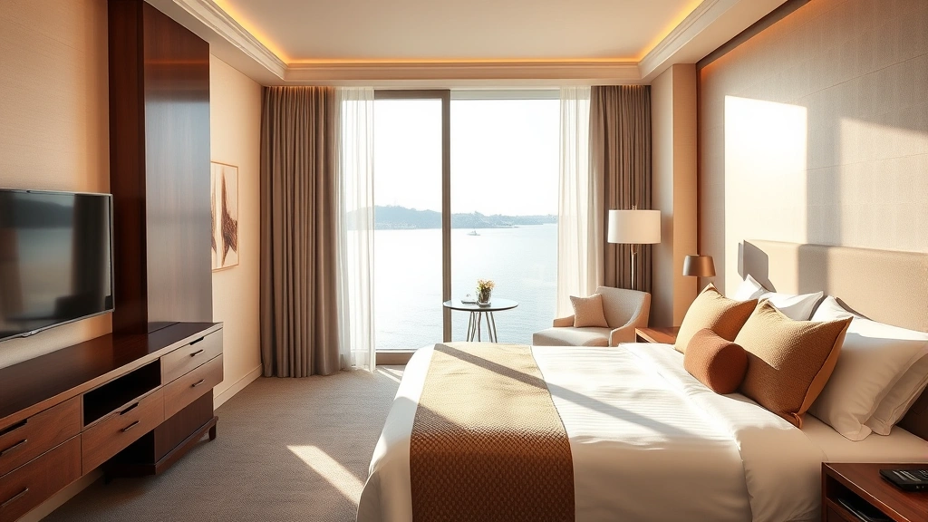 Modern hotel room interior with comfortable bed, large window overlooking water, contemporary furnishings, warm neutral tones, clean minimalist design, natural daylight streaming in