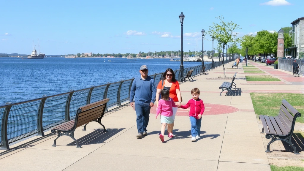 Family enjoying outdoor activities on Oswego waterfront promenade, walking paths, benches, and scenic harbor views with boats in distance