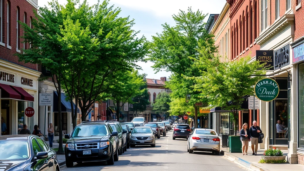 Historic downtown Oswego streetscape with charming storefronts, tree-lined sidewalks, parked cars, and pedestrians enjoying a pleasant day in the neighborhood