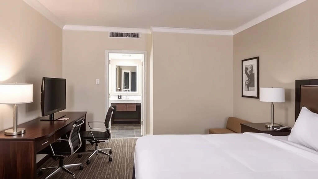 Comfortable hotel bedroom interior with neutral tones, work desk with ergonomic chair, flat-screen TV, clean bathroom visible through doorway, natural light from window, welcoming contemporary design, neatly made bed with quality bedding