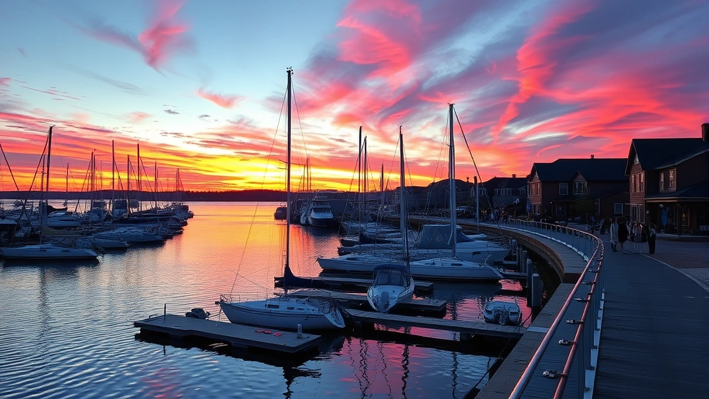 Oswego Harbor at sunset with sailboats moored at docks, charming waterfront buildings, people walking along the promenade, vibrant orange and pink sky reflecting on water