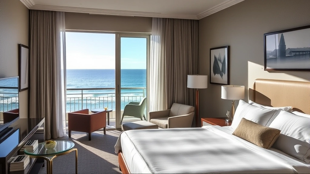 Upscale hotel room interior with ocean-view window, comfortable bed with premium bedding, modern furniture, and natural coastal lighting streaming through glass doors leading to a private balcony overlooking the Pacific