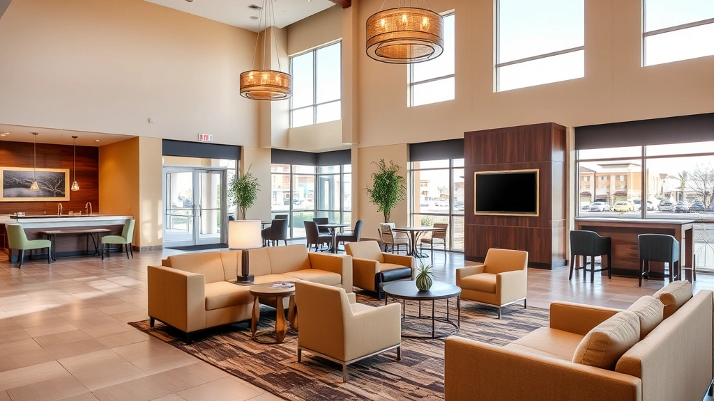 Modern hotel lobby in Peoria Arizona with contemporary furniture, warm desert color palette, and bright natural lighting through large windows, no people visible