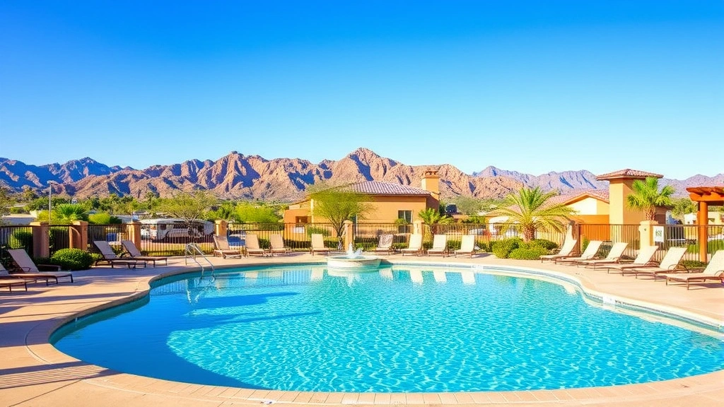 Resort-style swimming pool with clear blue water, lounge chairs, desert landscaping, Arizona mountains in background during daytime, no guests or text visible