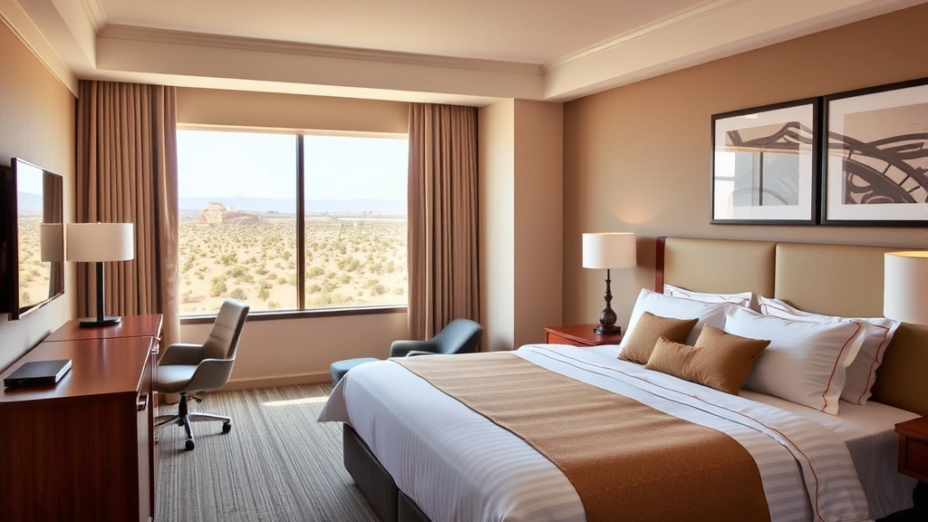 Comfortable hotel bedroom with neutral décor, quality bedding, work desk, modern amenities, and large window showing desert landscape view, no people present