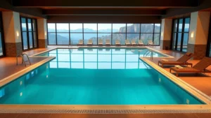 Modern indoor swimming pool with clear blue water, comfortable lounge chairs on deck, warm lighting, mountain view windows, no text or signage visible, photorealistic daytime setting