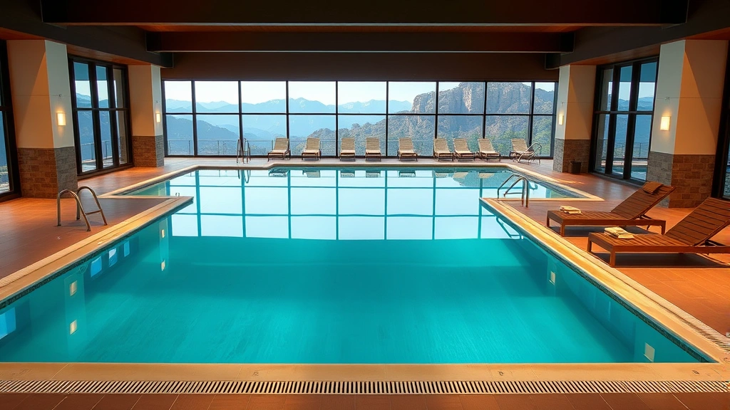 Modern indoor swimming pool with clear blue water, comfortable lounge chairs on deck, warm lighting, mountain view windows, no text or signage visible, photorealistic daytime setting