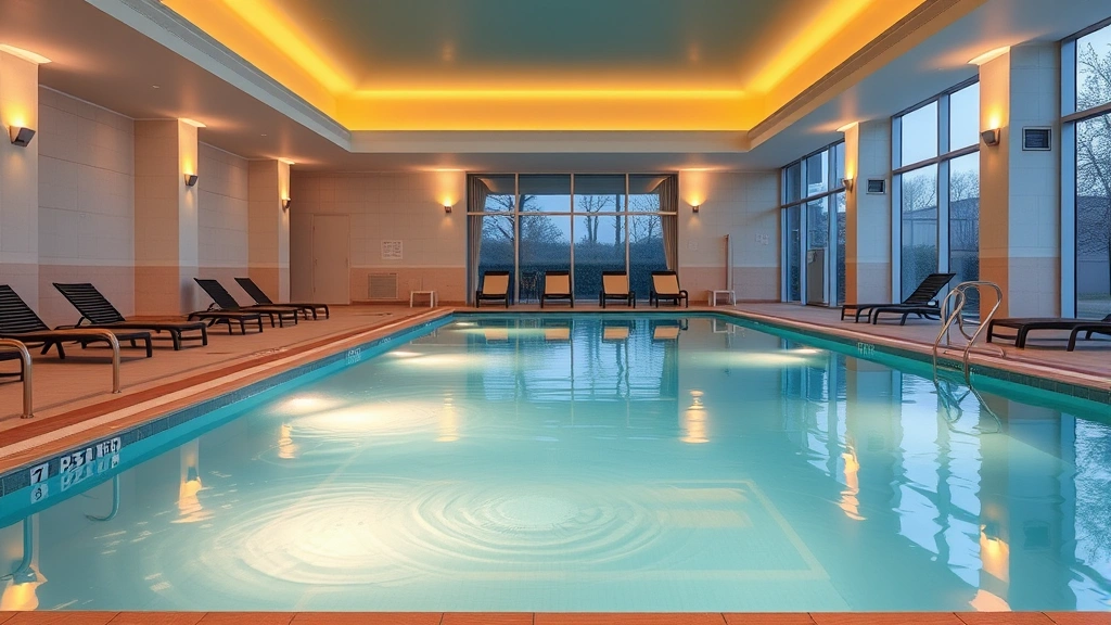 Modern heated indoor swimming pool with shallow children's area, lounge chairs, and warm lighting in a resort hotel setting, no people visible