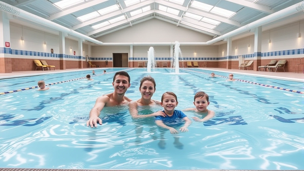 Family enjoying indoor heated pool area with water features, multiple swimmers of different ages, clean facilities, bright skylights, contemporary design, no identifying marks or text
