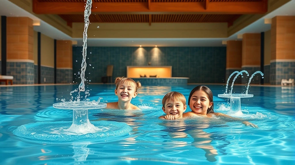 Family-friendly hotel indoor pool facility with underwater jets, clean blue water, spa area visible in background, professional photography