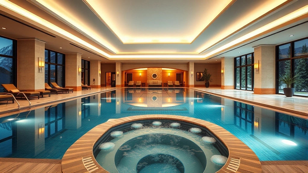 Luxury hotel indoor pool complex with spa hot tub area, elegant tile work, ambient lighting, comfortable seating spaces, mountain lodge aesthetic, zero text visible