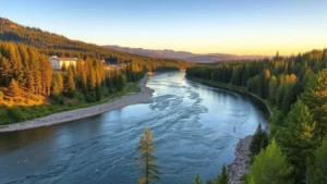 Scenic riverside landscape in Post Falls Idaho with Spokane River flowing through forested valley, mountains visible in background, natural daylight golden hour