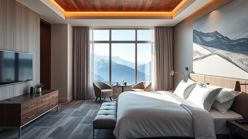 Luxurious hotel room with large bed, modern furnishings, and natural light from window overlooking mountain landscape, contemporary interior design, residential comfort aesthetic