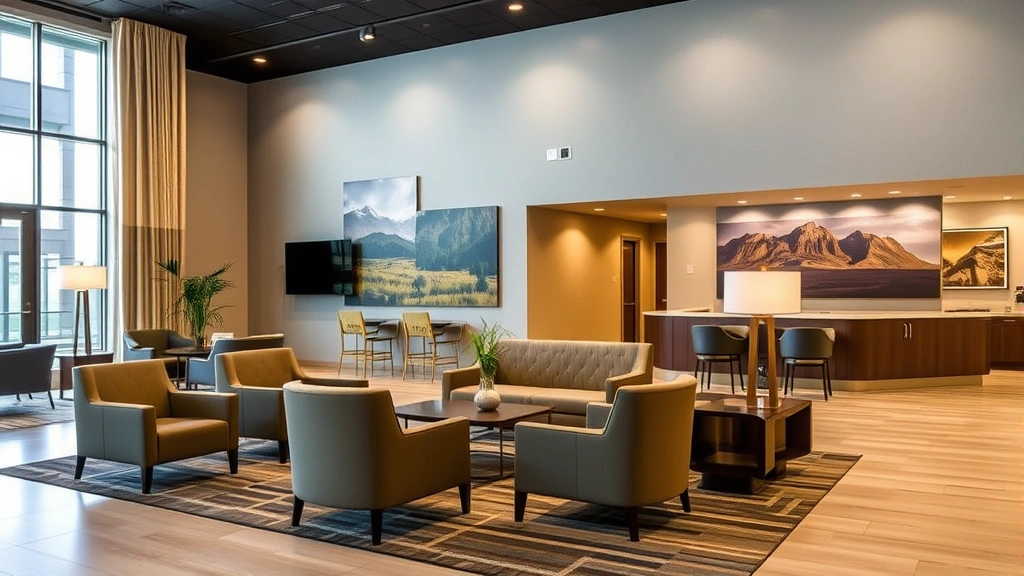 Modern hotel lobby with comfortable seating area, warm lighting, and Idaho landscape artwork on walls, showcasing contemporary hospitality design