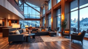 Modern hotel lobby with comfortable seating, warm lighting, and contemporary furnishings in a mountain resort setting, photorealistic daytime interior