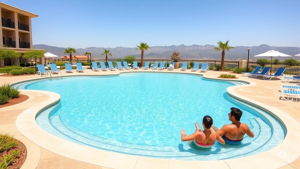 Family-friendly hotel pool area with clear water, lounge chairs, surrounding landscaping, mountain views in background, inviting recreational space during daylight