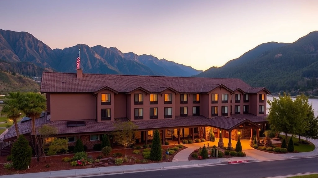 Scenic riverside hotel exterior with mountain views, manicured landscaping, and welcoming entrance during golden hour lighting