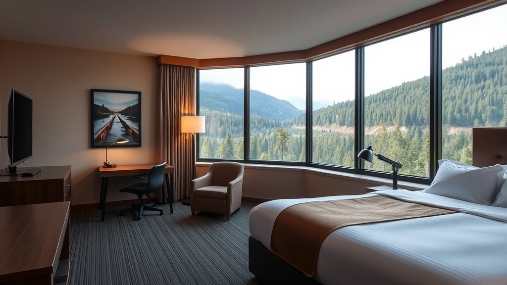 Spacious hotel guest room with comfortable bed, desk area, and large windows overlooking Idaho forest landscape, professional photography style