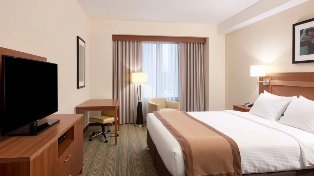 Comfortable hotel room interior with queen bed, flat-screen TV, modern furnishings, neutral colors, and clean contemporary design without any visible text or addresses